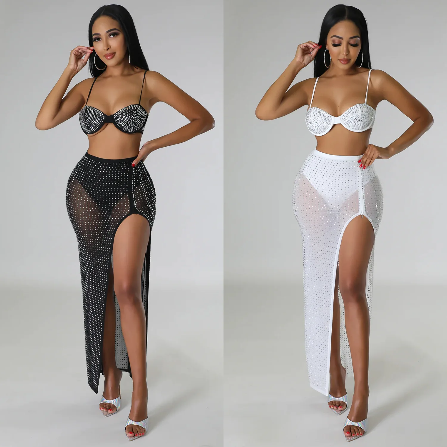 Rhinestone Cut Out Sexy Halter Tops and See Thought Mesh Skirts Set Diamonds Elegant Club Outfits Split Two Piece Set Dresses
Rhinestone Cut Out Sexy Halter Tops and See Thought Mesh Skirts Set Diamonds Elegant Club Outfits Split Two Piece Set Dresses