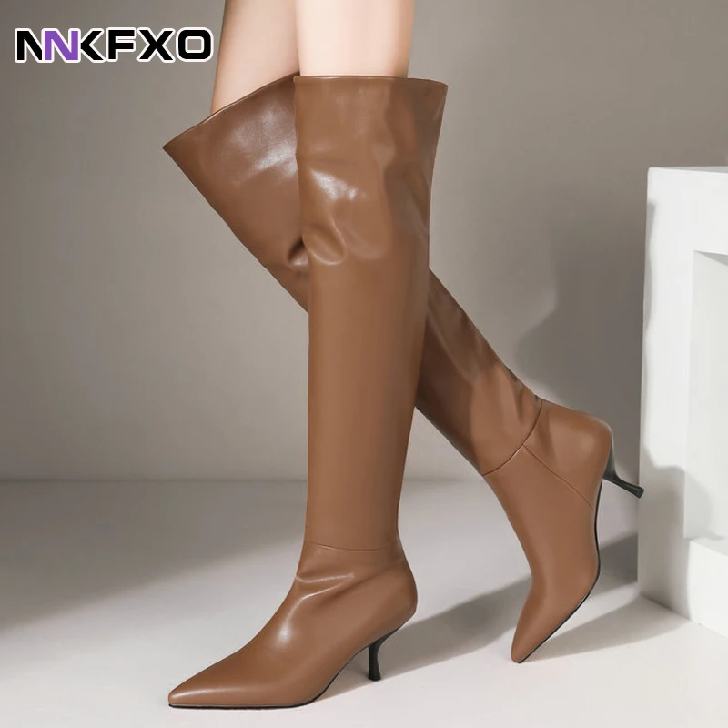 

Vrouwen brown Pu Lederen Dij Hoge Laarzen Sexy Hoge Hakken Wees Teen Dames Schoenen Herfst Winter Over De Knie lange Laarzen