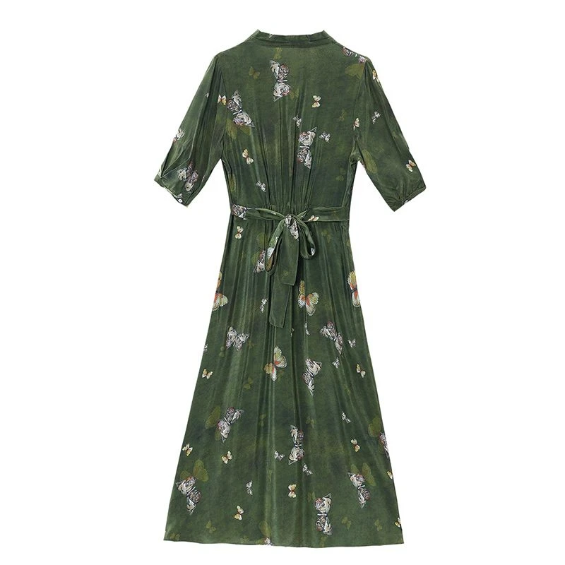 

Винтажное шифоновое женское платье-трапеция с принтом зеленых бабочек и V-образным вырезом, модные корейские платья до щиколотки с коротким рукавом для женщин
