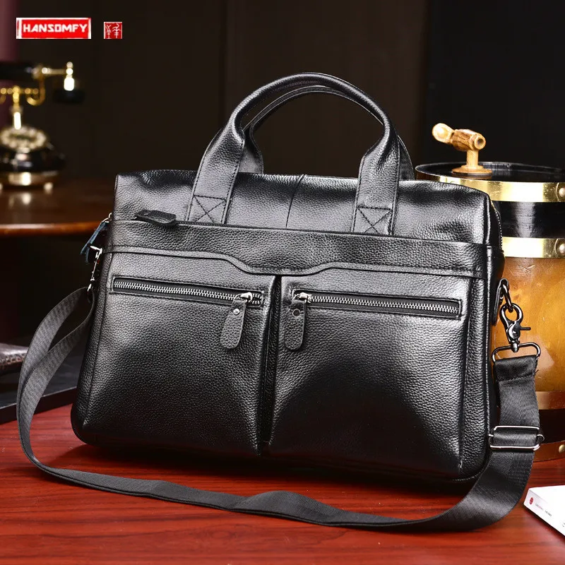 

Genuine Leather Men Handbag Cross Section Briefcase Shoulder Diagonal Bag Male Laptop Messenger Bag First Layer Cowhide Business