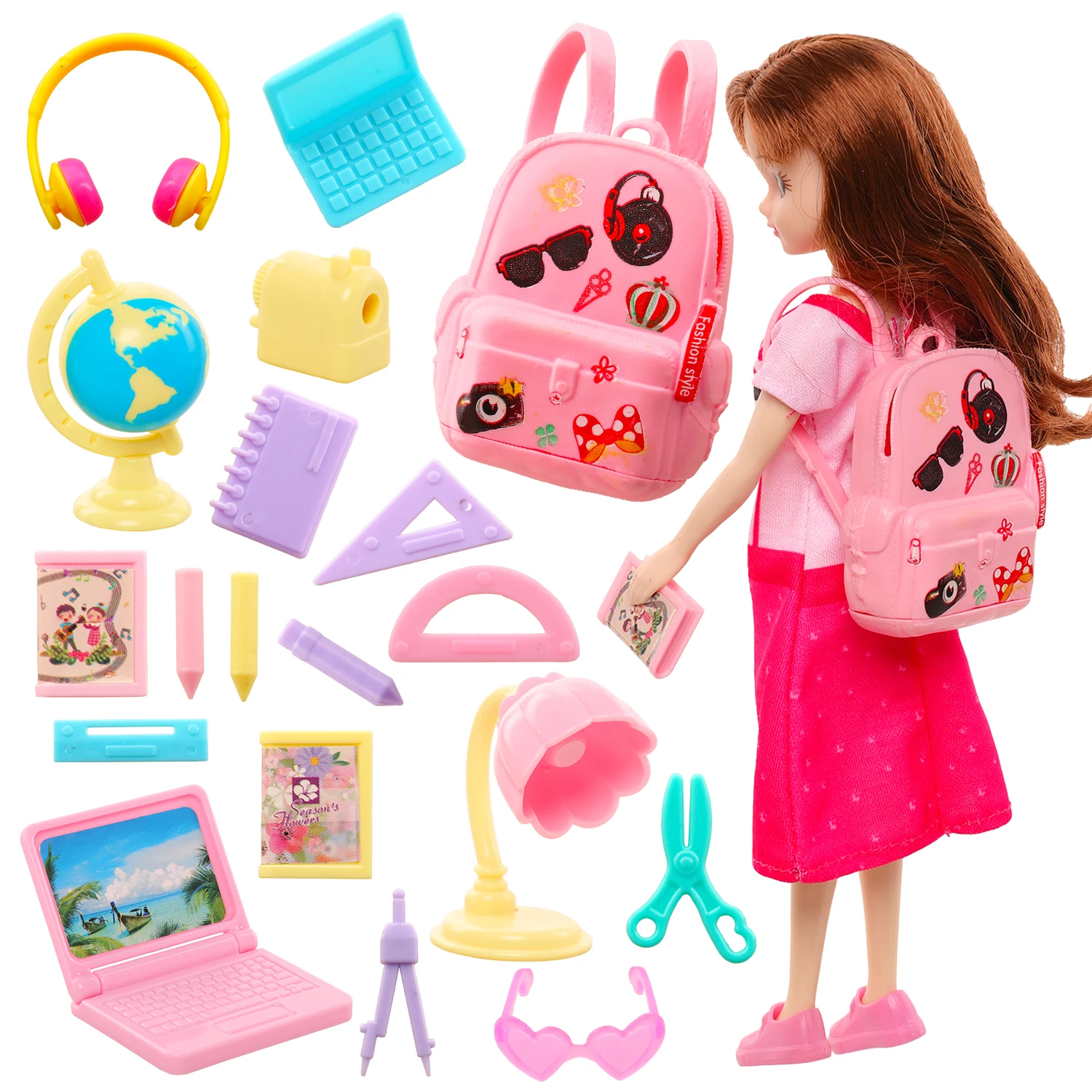 

Barwa New 19 Pcs For 11.5 Doll Furniture School Gear Miniature Classroom Accessories=15 Learning Accessories +1 Schoolbag