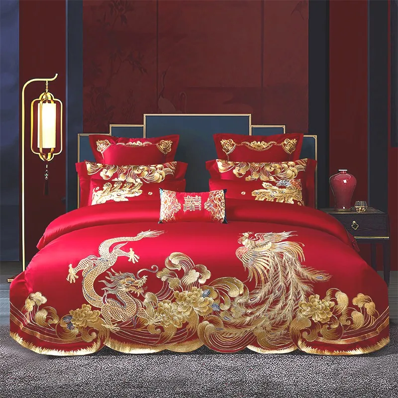 

4/6/8pcs Gold Phoenix Loong Embroidery Bedding Set Luxury Chinese Wedding Red Duvet Cover Bed Sheet Pillowcases Brushed Cotton
