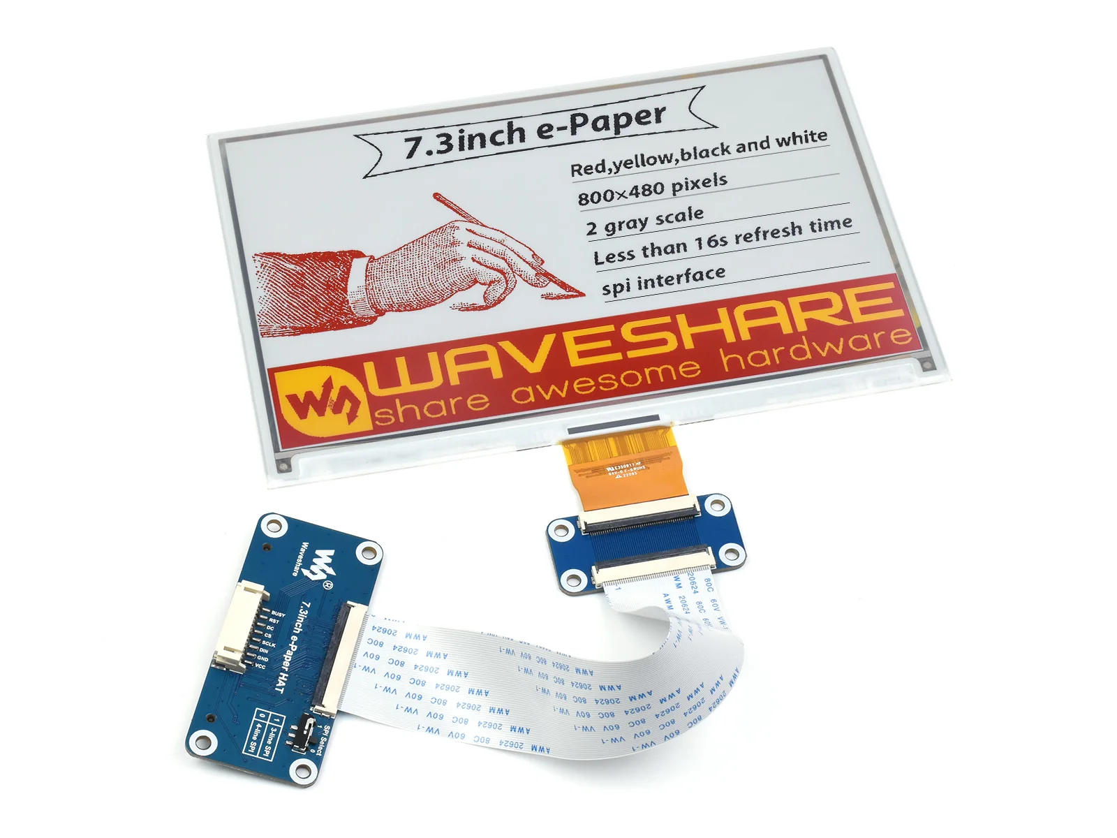 7.3inch e-Paper HAT (G) 800 × 480 Red/Yellow/Black/White Paper-Like Effect Without Electricity SPI
7.3inch e-Paper HAT (G) 800 × 480 Red/Yellow/Black/White Paper-Like Effect Without Electricity SPI