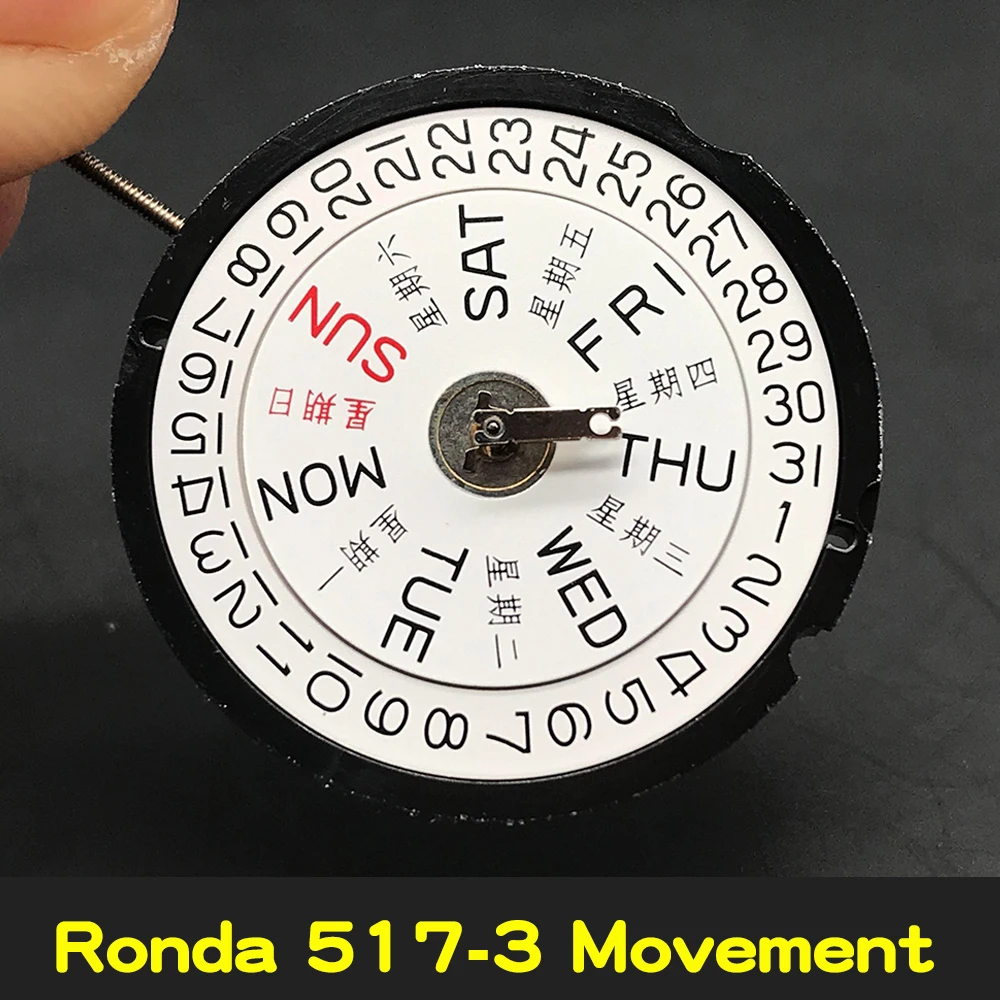 

Ronda 517-3 Quartz Watch Movement Day/Date Double Calendar Display Watchmakers Replace Parts with Battery 517.3