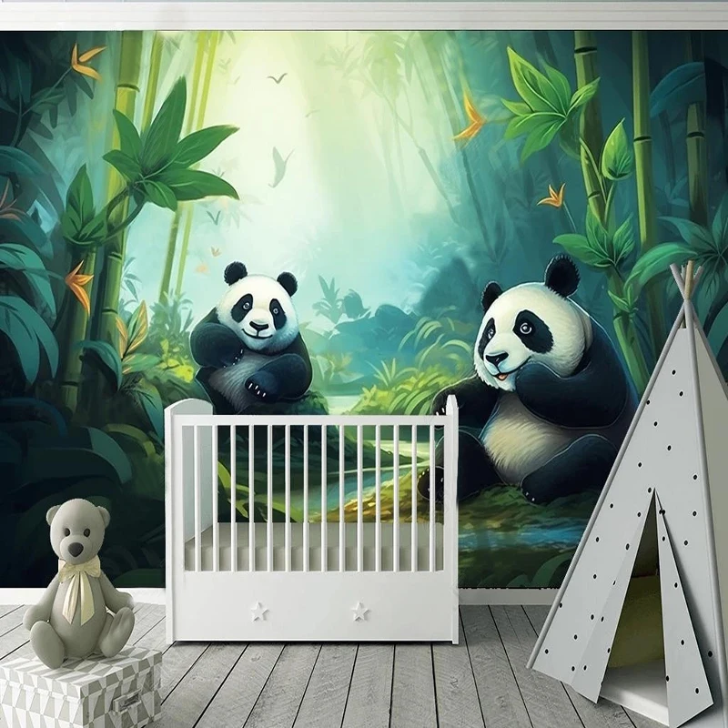 

Custom Mural Wallpaper Cute Cartoon Giant Panda Green Bamboo Forest Poster Children's Room Decor Papel De Parede Infantil Fresco