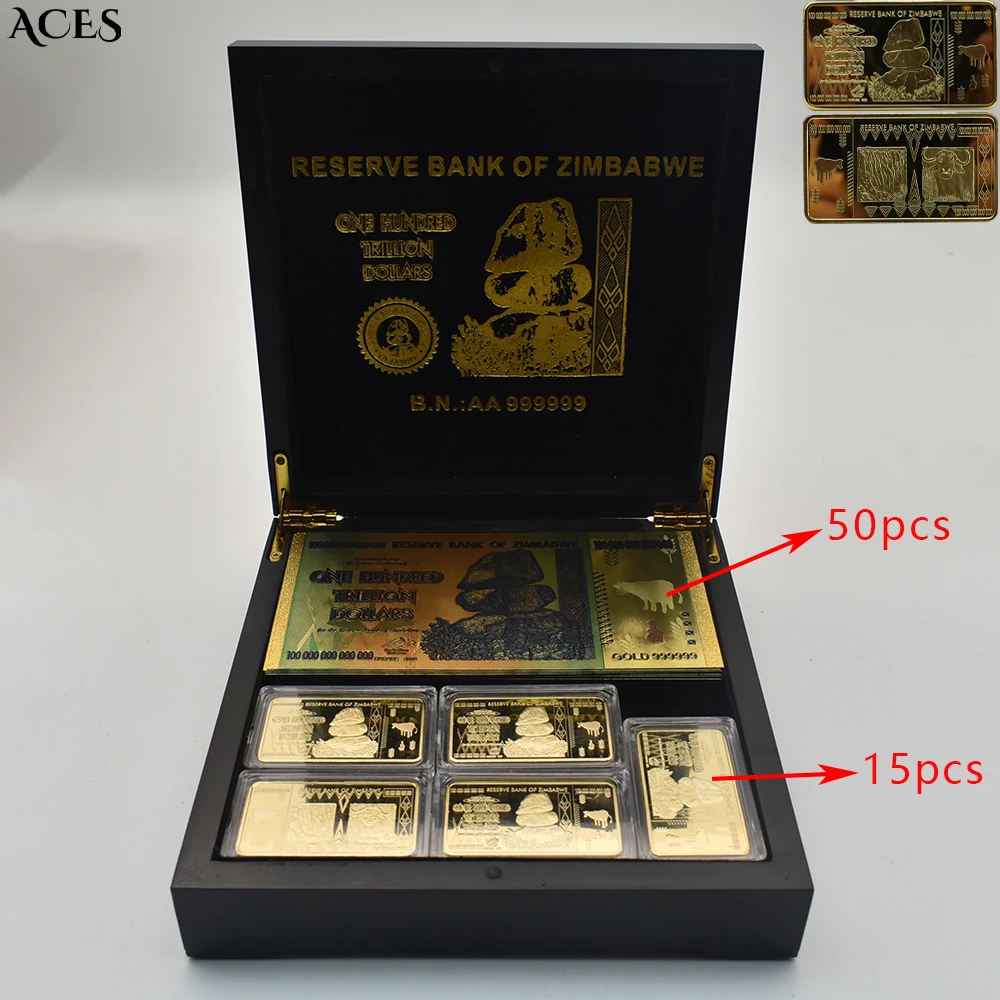 Zimbabwe One Hundred Trillion Dollars Box 50pcs Banknotes and 30pcs Gold Bar Reserve Bank of Zimbabwe Art Worth Collecting
Zimbabwe One Hundred Trillion Dollars Box 50pcs Banknotes and 30pcs Gold Bar Reserve Bank of Zimbabwe Art Worth Collecting