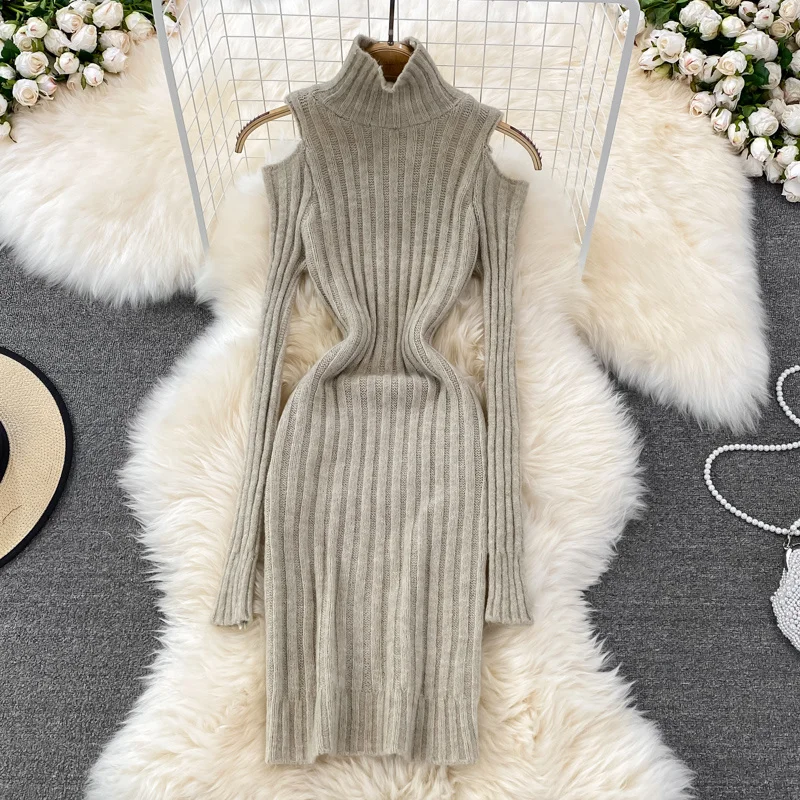 2022 Spring New Korean Knitted Turtleneck Sweater Dress Fashion Sexy Off Shoulder Tight Elastic Women Sweater Dress Casual Work 
2022 Spring New Korean Knitted Turtleneck Sweater Dress Fashion Sexy Off Shoulder Tight Elastic Women Sweater Dress Casual Work
