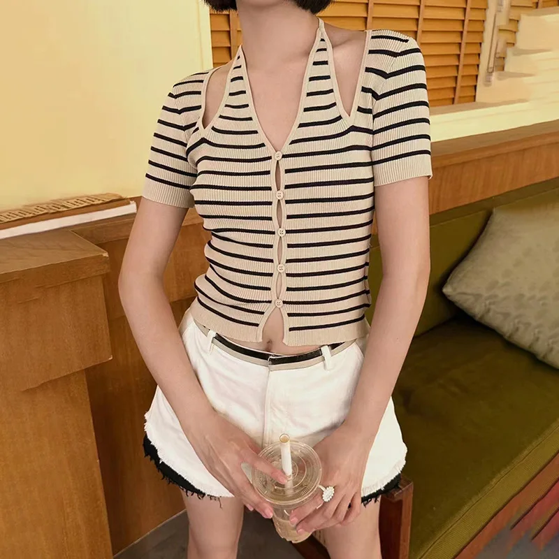 2023 Spring and Summer New Hanging Neck Tie Cardigan Short-sleeved Striped Sweater Top Women
2023 Spring and Summer New Hanging Neck Tie Cardigan Short-sleeved Striped Sweater Top Women