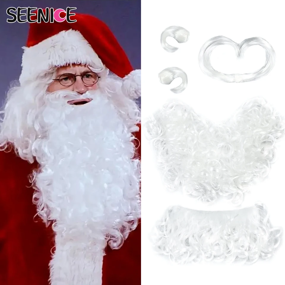 

Christmas Cosplay Santa Claus Fake Beard False Mustache with EyeBrow White Curly Synthetic Hair Holiday Cosplay Gift Role Play