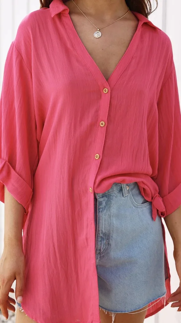 New Women Blouse Spring Solid V Neck Blouses Loose Baggy Tops Tunic Shirts Womens Button Three Quarter Sleeves Tops Blusas Mujer
New Women Blouse Spring Solid V Neck Blouses Loose Baggy Tops Tunic Shirts Womens Button Three Quarter Sleeves Tops Blusas Mujer