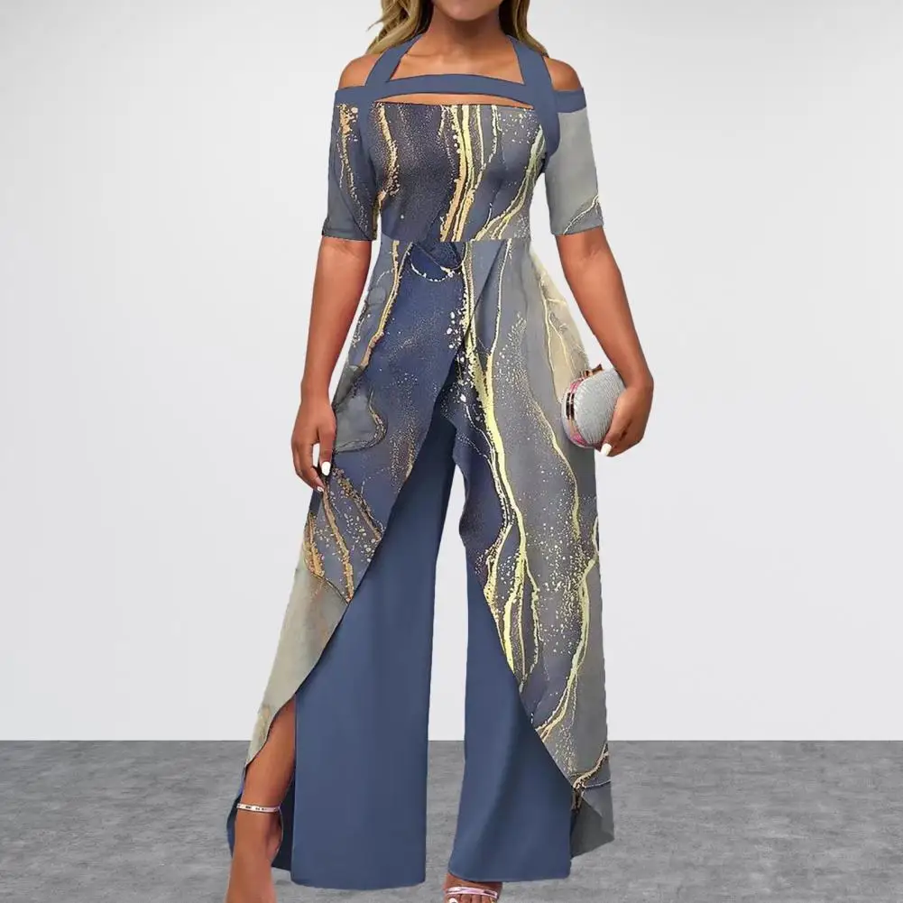 Women Jumpsuit Off Shoulder Halter Neck Half Sleeve Wide Leg Irregular Hem Hollow Out Marble Print High Waist Ankle Length Lady
Women Jumpsuit Off Shoulder Halter Neck Half Sleeve Wide Leg Irregular Hem Hollow Out Marble Print High Waist Ankle Length Lady