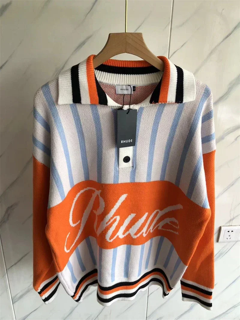 

Новинка Жаккардовый свитер в стиле пэчворк с надписью ревеня для мужчин и женщин, оранжевые Модные свитшоты 1:1, Jaqueta
