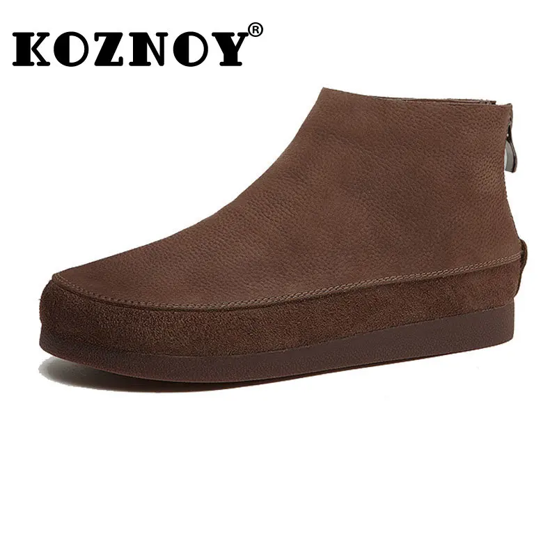 

Koznoy 2cm Cow Genuine Leather Fur Casual Boots for Women Ankle Flats Spring Autumn Winter Plush Moccasins ZIP Comfy Warm Shoes