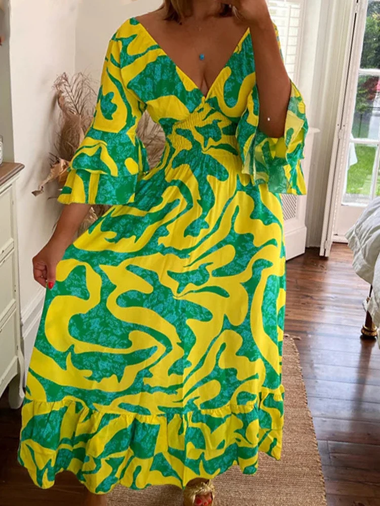 Women Elegant 3/4 Flare Sleeve Summer Boho Printed Dress Fashion Loose Party A-Line Dresses Sexy V Neck Long Chiffon Dresses
Women Elegant 3/4 Flare Sleeve Summer Boho Printed Dress Fashion Loose Party A-Line Dresses Sexy V Neck Long Chiffon Dresses