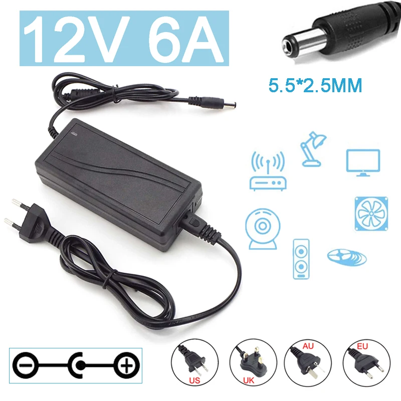 12Volt 6000ma LED Light CCTV Camera Power Supply AC 110V 240V DC 12V 6A Adapter Converter Charger 5.5*2.5mm
12Volt 6000ma LED Light CCTV Camera Power Supply AC 110V 240V DC 12V 6A Adapter Converter Charger 5.5*2.5mm
