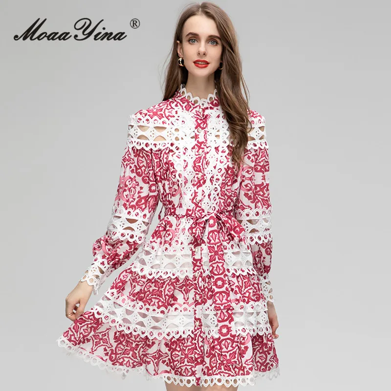 MoaaYina Summer Fashion Designer Vintage Print Spliced Dress Women's Stand Collar Frenulum Gathered Waist Hollow Out Mini Dress
MoaaYina Summer Fashion Designer Vintage Print Spliced Dress Women's Stand Collar Frenulum Gathered Waist Hollow Out Mini Dress