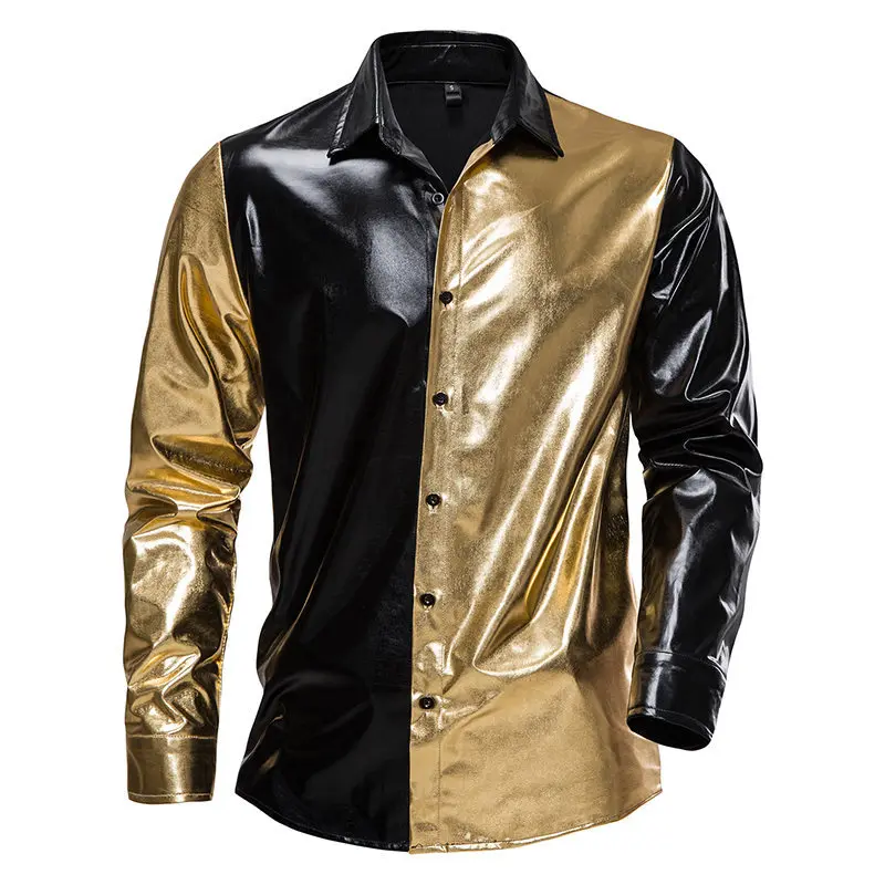 Mens Gold Black Patchwork Metallic Shiny Shirt 70's Disco Dance Party Halloween Chemise Homme Stage Bday Prom Club Shirt Male
Mens Gold Black Patchwork Metallic Shiny Shirt 70's Disco Dance Party Halloween Chemise Homme Stage Bday Prom Club Shirt Male