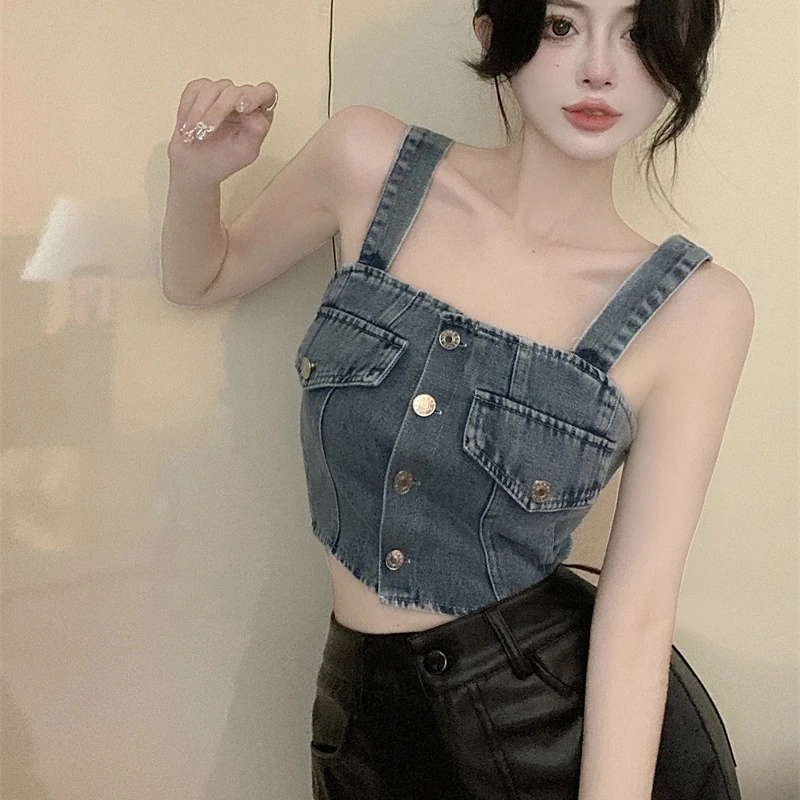 Denim Leaky Back Tank Sling Tops Single Breasted Slim Fit Camis Women's Short Top Sexy Cropped Crop Top Summer New Korean Vest
Denim Leaky Back Tank Sling Tops Single Breasted Slim Fit Camis Women's Short Top Sexy Cropped Crop Top Summer New Korean Vest