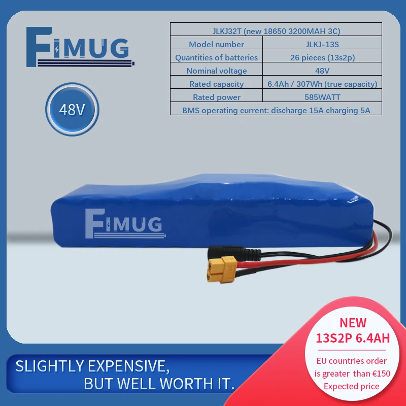 FIMUG 48V 13S2P 6.4Ah Li-ion Battery Pack 18650 Brand New Cell with 15A BMS for Electric Bike, Scooter, Skateboard Bicycle Motor
FIMUG 48V 13S2P 6.4Ah Li-ion Battery Pack 18650 Brand New Cell with 15A BMS for Electric Bike, Scooter, Skateboard Bicycle Motor
