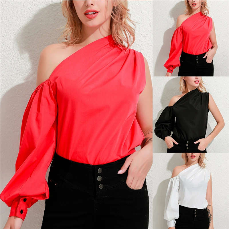 New 2023 Women Sexy One Shoulder White Blouse Skew Collar Lantern Sleeve Irregular Shirts Female Casual Slim Solid Tops Blusas
New 2023 Women Sexy One Shoulder White Blouse Skew Collar Lantern Sleeve Irregular Shirts Female Casual Slim Solid Tops Blusas