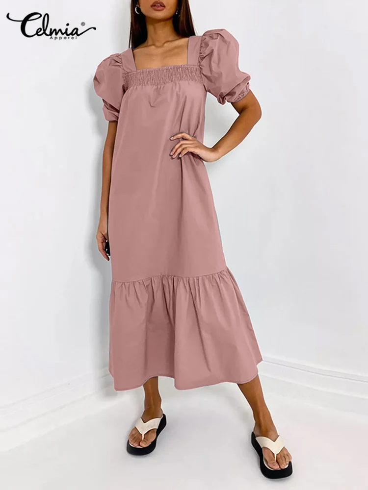 

Повседневное Свободное длинное платье Celmia, женское модное платье с оборками на подоле, Короткие халаты с пышными рукавами, элегантное платье миди с квадратным вырезом и оборками