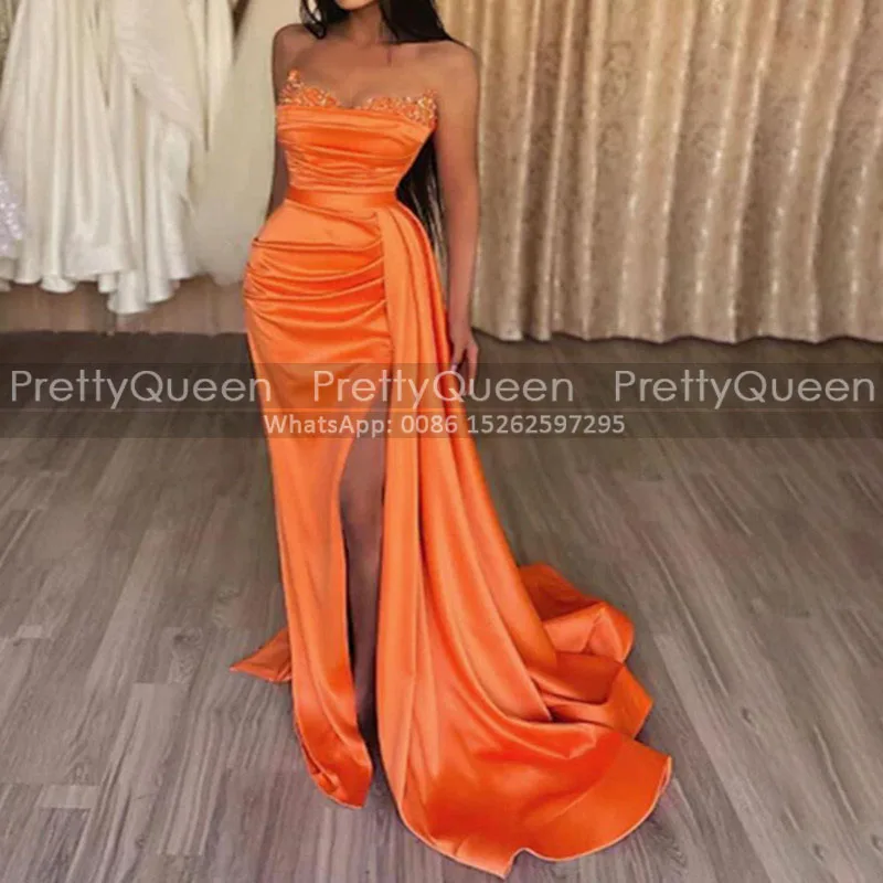 Sexy High Slit Mermaid Prom Dresses With Sequins Sweetheart Strapless Streamer Orange Satin Long Trumpet Dress Party Formal
Sexy High Slit Mermaid Prom Dresses With Sequins Sweetheart Strapless Streamer Orange Satin Long Trumpet Dress Party Formal