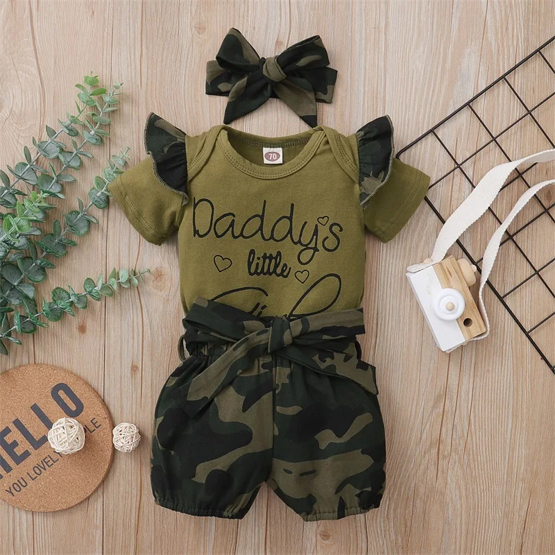 0-18 Months Newborn Girl Three-piece Outfits, Short Sleeve Letter Romper + Camouflage Pattern Shorts + Decorative Headband
0-18 Months Newborn Girl Three-piece Outfits, Short Sleeve Letter Romper + Camouflage Pattern Shorts + Decorative Headband