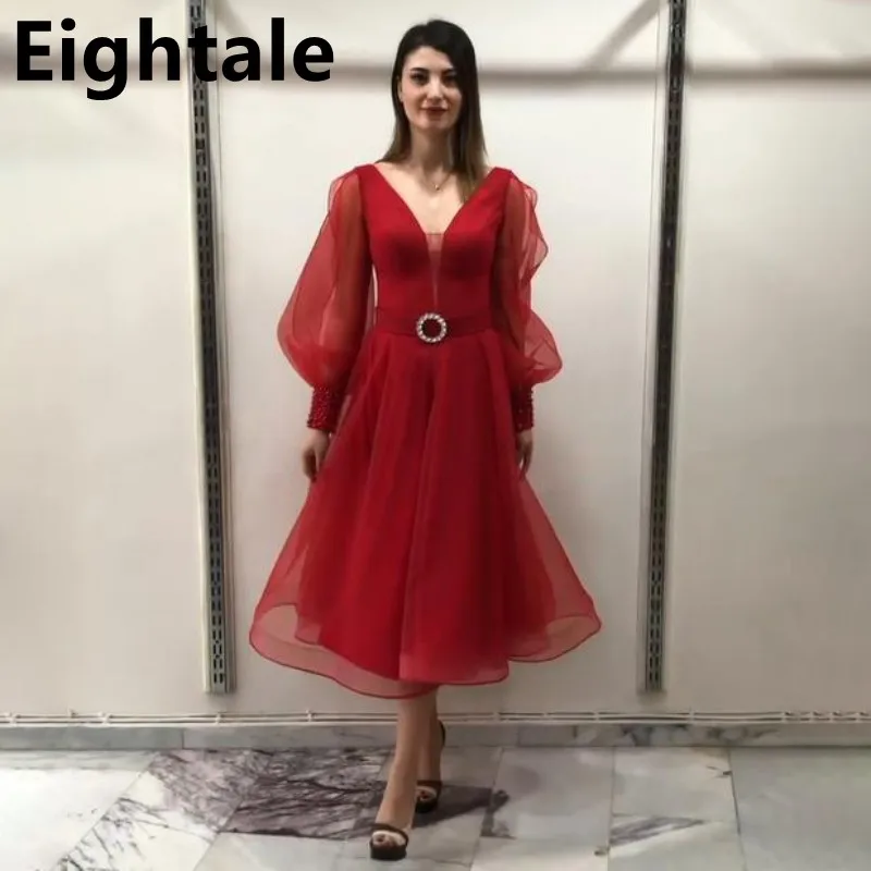 2021 Modest Tea Length Red Evening Dress With Belt Red Organza Prom Dress Sexy V Neck Backless Formal Dress For Wedding Party
2021 Modest Tea Length Red Evening Dress With Belt Red Organza Prom Dress Sexy V Neck Backless Formal Dress For Wedding Party