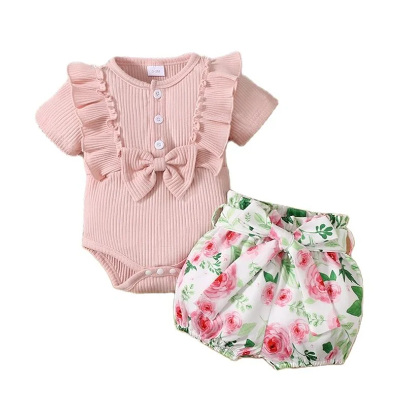 Комплект одежды для маленьких девочек, Летний Новый однотонный комбинезон с бантом + шорты с цветочным принтом для новорожденных, хлопковая... 
Комплект одежды для маленьких девочек, Летний Новый однотонный комбинезон с бантом + шорты с цветочным принтом для новорожденных, хлопковая...