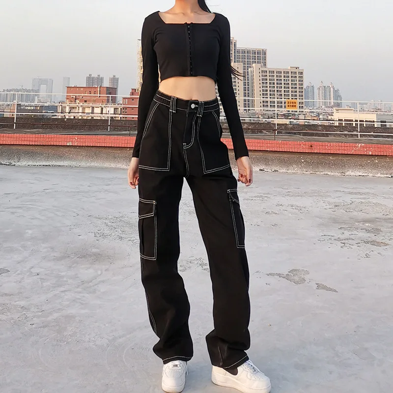

Женские джинсы-багги с высокой талией, свободные брюки-карго составного кроя с карманами и завышенной талией, модель RQ010, 2023