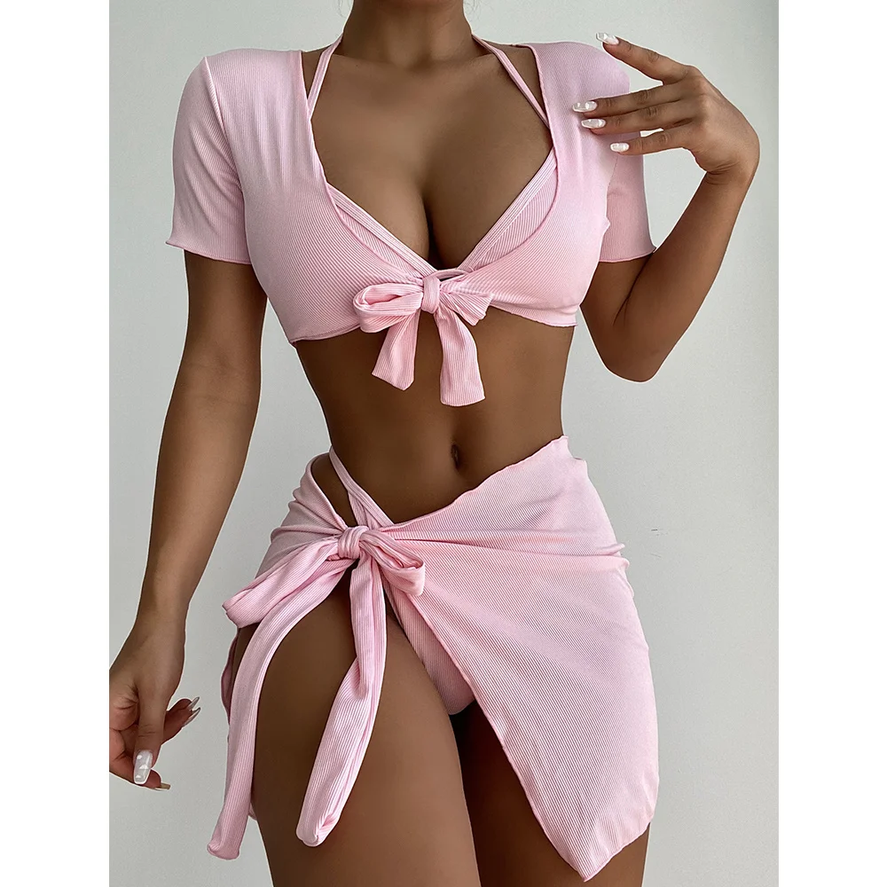 Sexy Four Pieces Bikini Set With Beach Cover Up Women Swimsuit Female 2022 Solid Swimwear Ribbed Bikini Bather Bathing Suit Swim
Sexy Four Pieces Bikini Set With Beach Cover Up Women Swimsuit Female 2022 Solid Swimwear Ribbed Bikini Bather Bathing Suit Swim