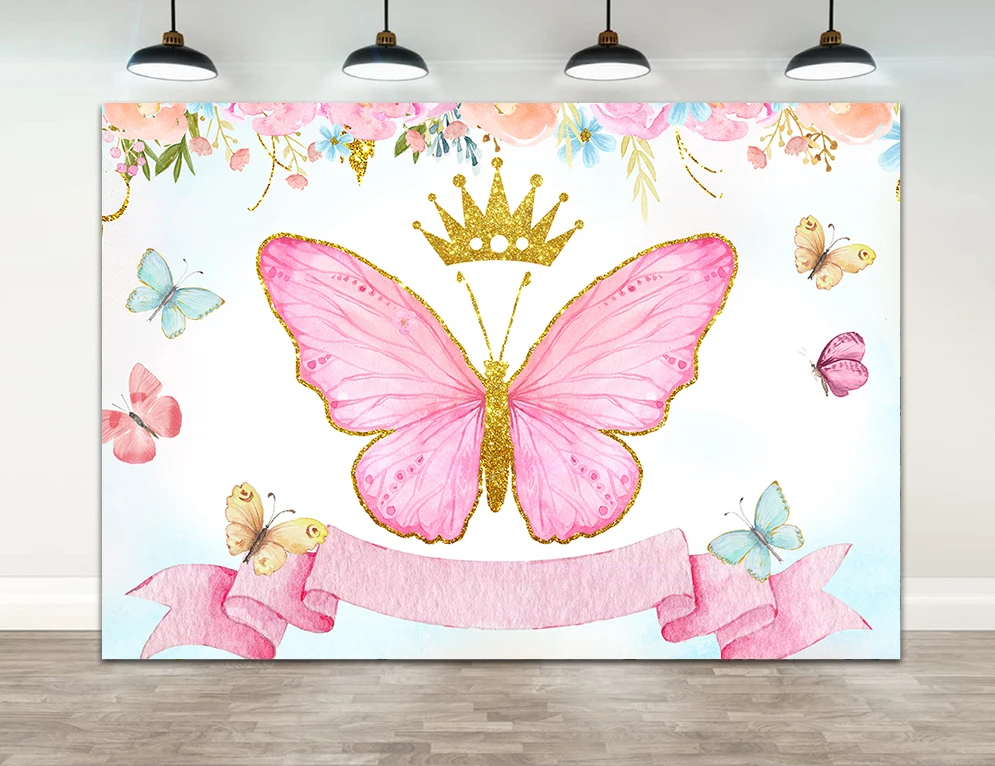 

Pink Butterfly Birthday Backdrops for Girl Party Decor Props Crown Floral Baby Shower Photo Photography Background