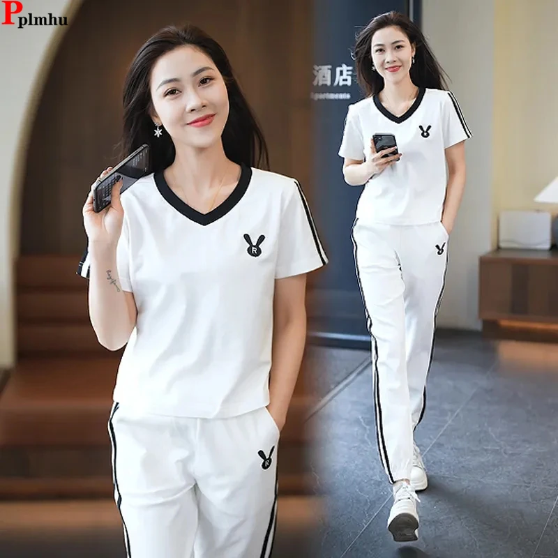 

Casual Two Pieces Sets V-neck Short Top Tracksuit High Waist Harem Pants Suits New Loose Jogger Conjuntos Woman Fashion Ensemble