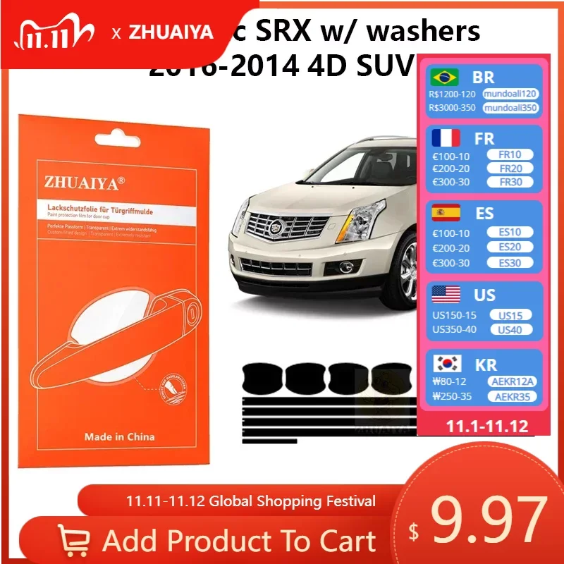 Защитная пленка ZHUAIYA для красок дверной ручки, защитная пленка из ТПУ для Cadillac SRX с шайбами 2016-2004 4D SUV 
Защитная пленка ZHUAIYA для красок дверной ручки, защитная пленка из ТПУ для Cadillac SRX с шайбами 2016-2004 4D SUV