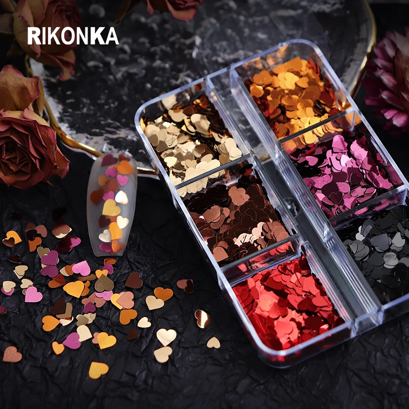 6 ячеек 3D милое сердце любовь блеск для ногтей блестки коричневый смешанные хлопья Набор для маникюра День Святого Валентина DIY украшения дл...