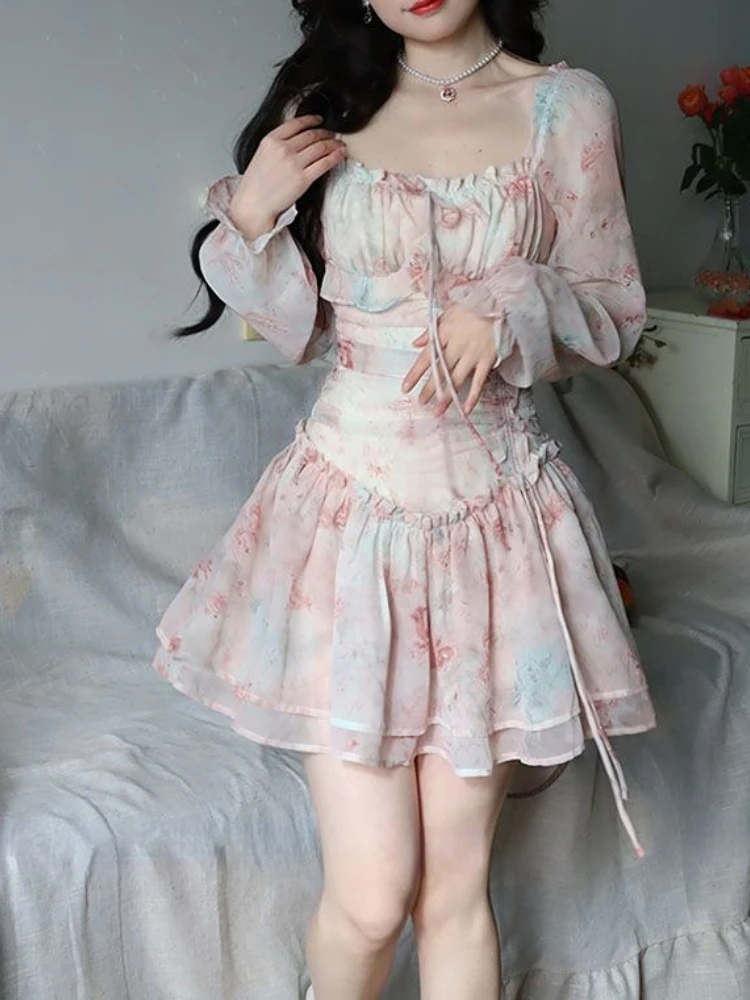 

Deeptown Fairycore Floral Print Two Layer Mesh Dresses Sweet Lace Up See Through Square Collar Long Flare Sleeve Bodycone Dress