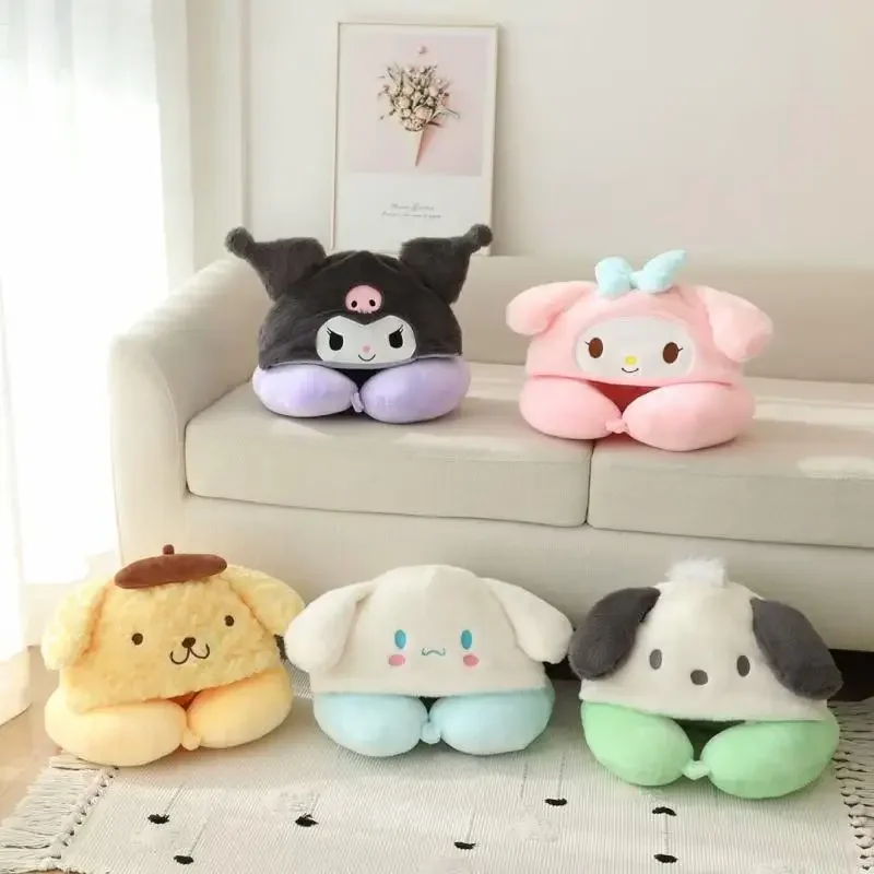 Sanrio милая мультяшная U-образная подушка с капюшоном в стиле аниме Cinnamoroll Kuromi для