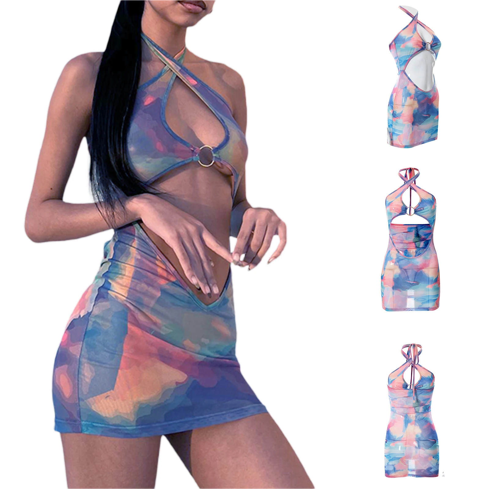 Women Halter Neck Bodycon Dress, Multi-color Tie-dyed Print Hollow Out Backless Wrap Skirt
Women Halter Neck Bodycon Dress, Multi-color Tie-dyed Print Hollow Out Backless Wrap Skirt