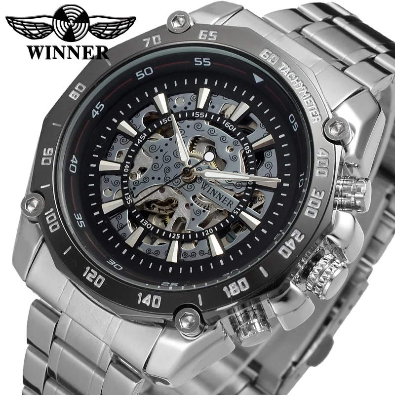 Silver Black Skeleton Mens Watch Automatic Mechanical Watches for Men Steampunk Stainless Steel Strap Male Clock Relogio Gift
Silver Black Skeleton Mens Watch Automatic Mechanical Watches for Men Steampunk Stainless Steel Strap Male Clock Relogio Gift