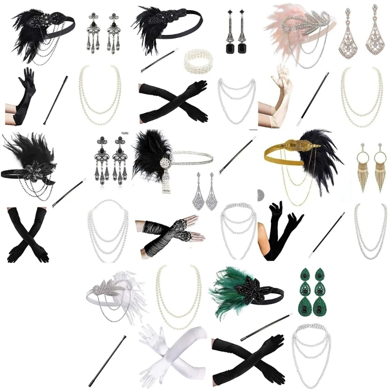 

1920s Gatsby Great Accessories Set for Womens Costume Pearls Necklace Satin Black Gloves Flapper Headpiece Headband D5QB