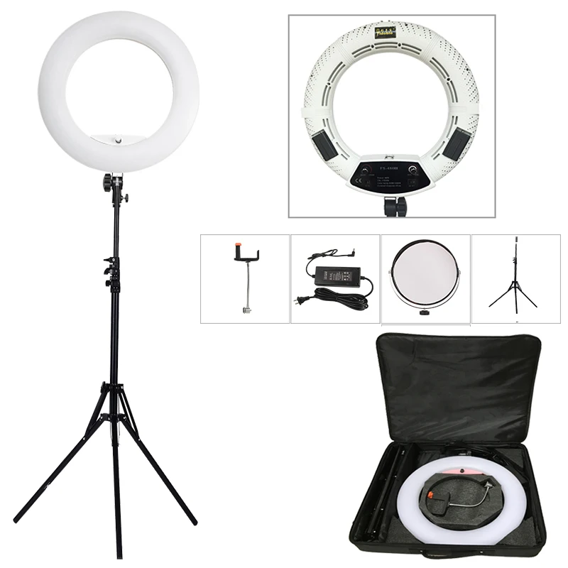

Yidoblo White FS-480II 5500K Dimmable Camera Pro 2 Color Adjustable 18" 48W 480 LED Ring Light LED Lamp+ 200cm Tripod +Bag Kit