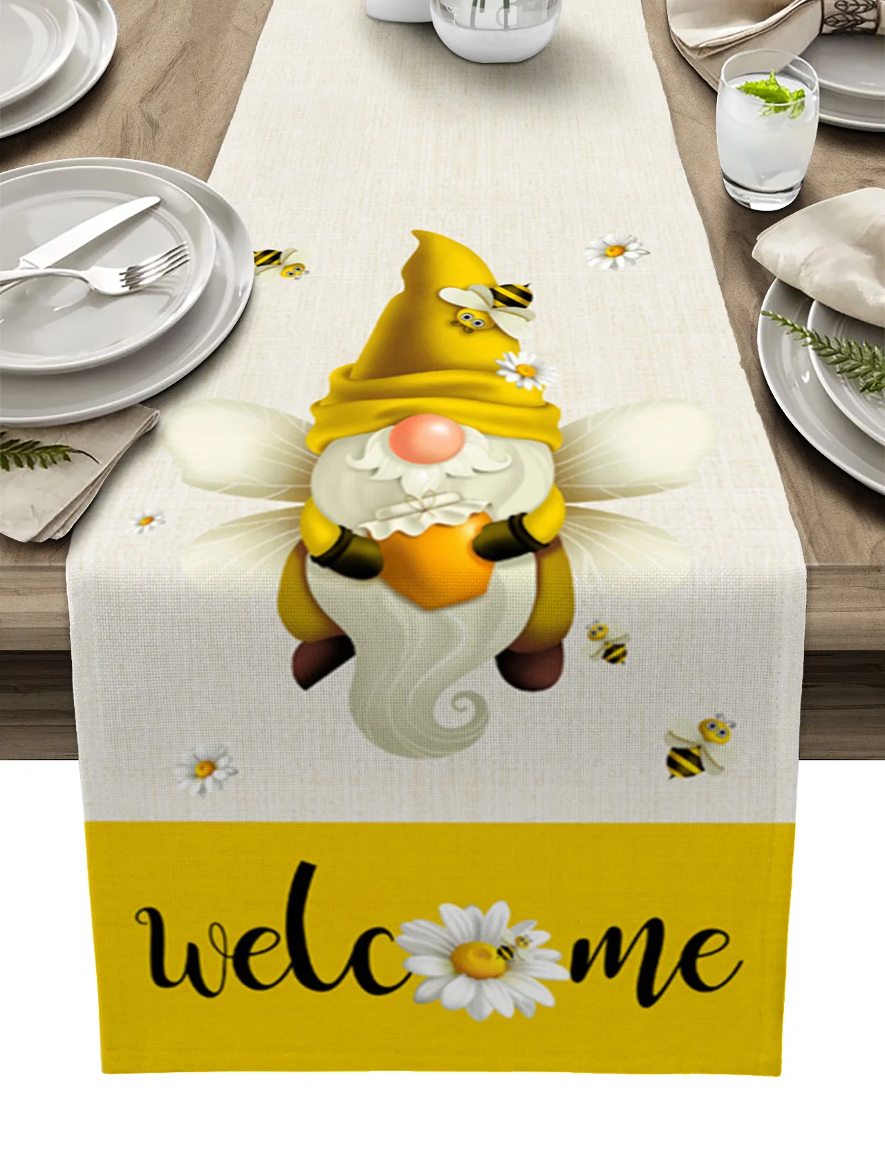

Spring Summer Gnome Bee Daisy Table Runner Wedding Table Decoration Kitchen Tablecloth Coasters Table Mat Table Runners