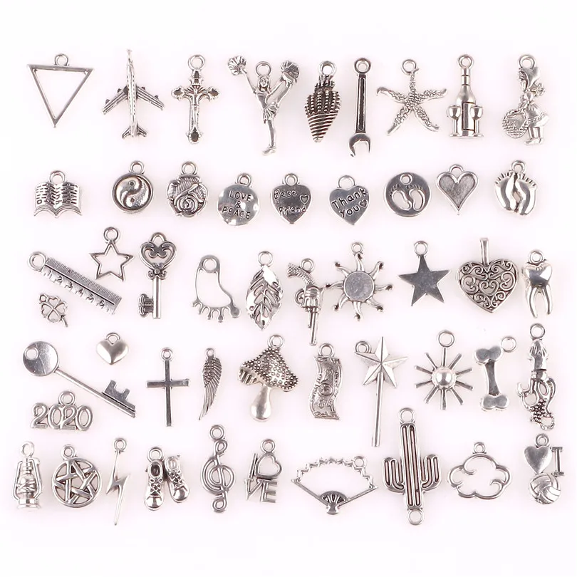 50Pcs Mix Silver Color Airplane Triangle Cactus Footprint Star Ruler Key Heart Charms Pendant For Jewelry Making DIY Accessories
50Pcs Mix Silver Color Airplane Triangle Cactus Footprint Star Ruler Key Heart Charms Pendant For Jewelry Making DIY Accessories
