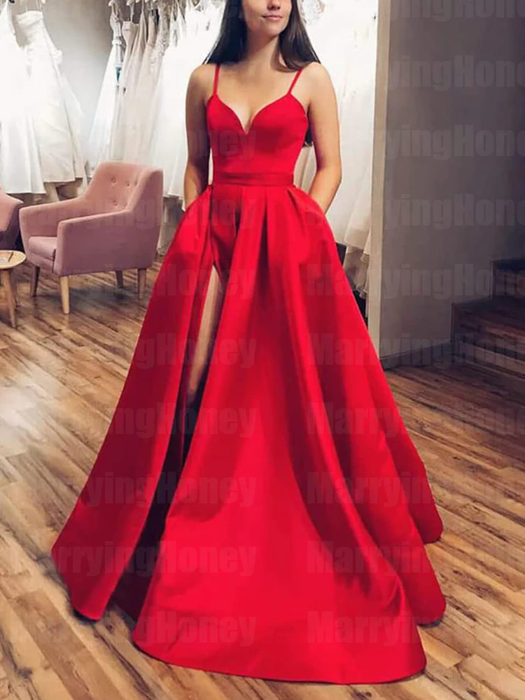 Women's Spaghetti Straps High Split Satin Prom Dress Sweetheart Lace Up Back Floor Length Evening Party Dresses with Pockets
Women's Spaghetti Straps High Split Satin Prom Dress Sweetheart Lace Up Back Floor Length Evening Party Dresses with Pockets