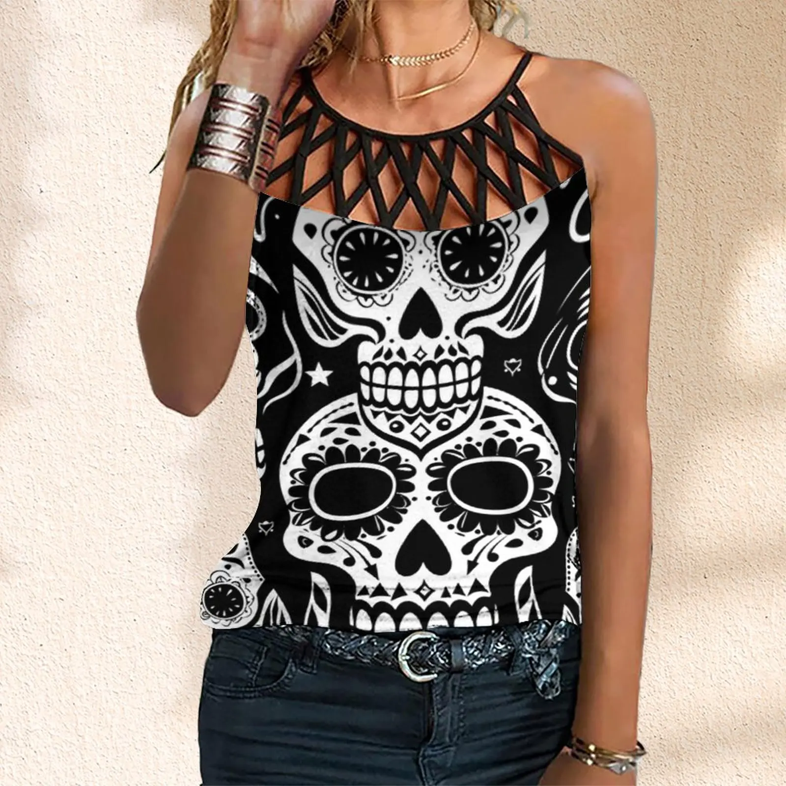 Summer Women's Hollow Out Sleeveless Cross Cross Tank TopNew Halloween Skull Print Women's Vest
Summer Women's Hollow Out Sleeveless Cross Cross Tank TopNew Halloween Skull Print Women's Vest