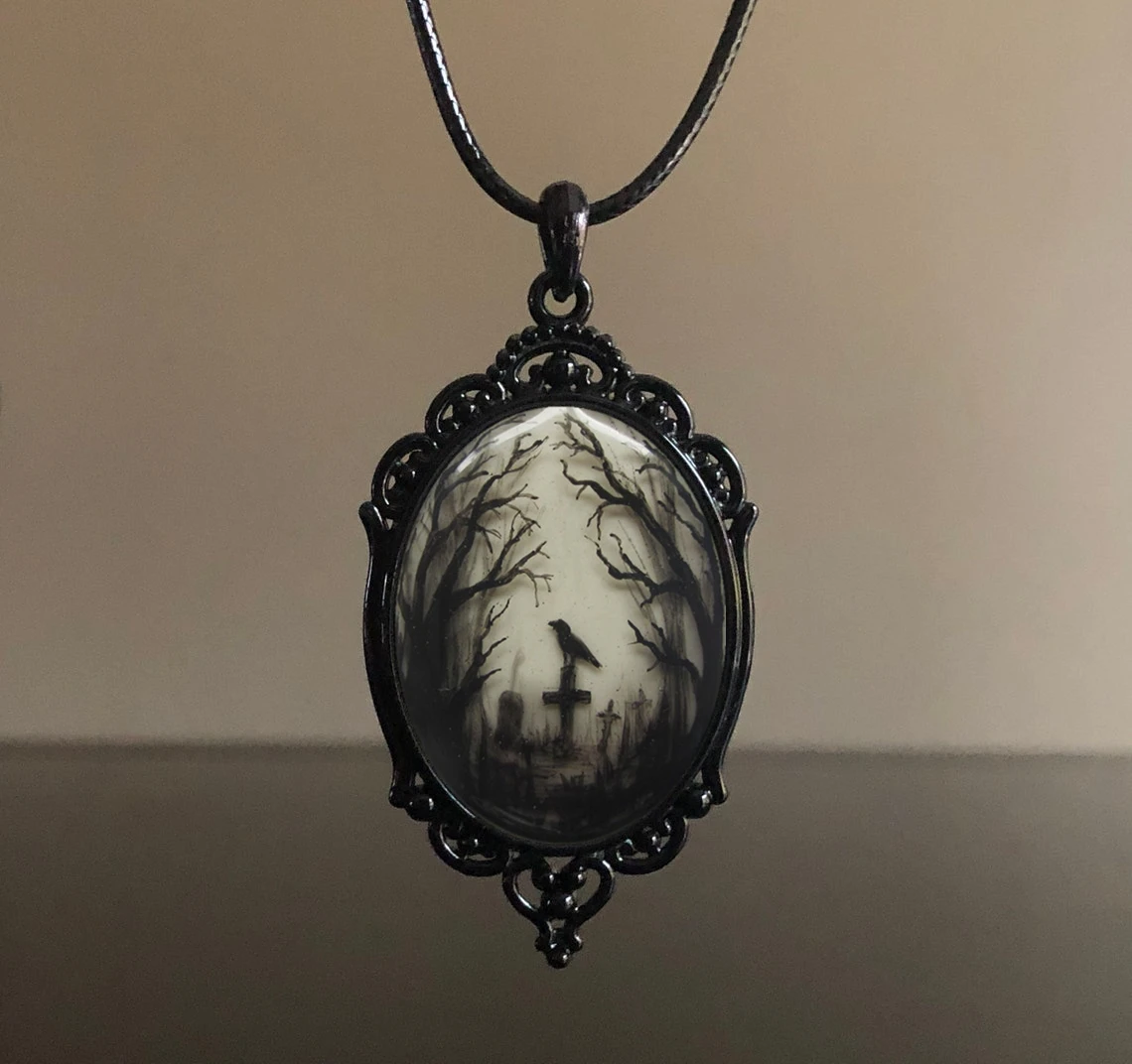 

Gothic Necklace,Gloomy Wood Graveyard Hand Painted Oval Pendant, Gothic Diorama Necklace, Art Jewellery, Crow, Raven