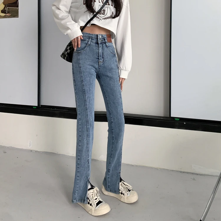 N0108 New high-waist slimming slit wide-leg pants light-colored trousers jeans 
N0108 New high-waist slimming slit wide-leg pants light-colored trousers jeans