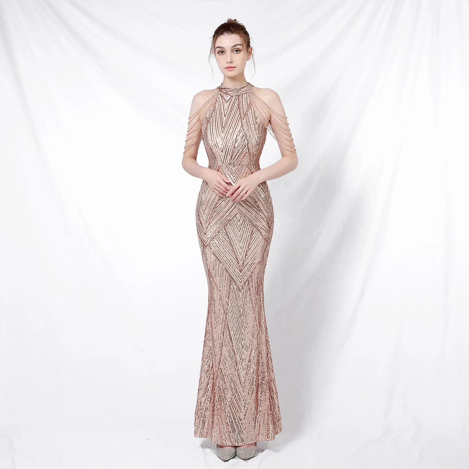 

New Banquet Style Elegant Long Neck Sequin Celebrity Cool and Gorgeous Fishtail Evening Dress
