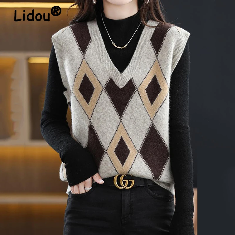 2022 New Autumn Womens Casual Sleeveless Plaid Knitted Sweaters Argyle Printed Sweater Vest Ladies V Neck Casual Streetwear Tops
2022 New Autumn Womens Casual Sleeveless Plaid Knitted Sweaters Argyle Printed Sweater Vest Ladies V Neck Casual Streetwear Tops