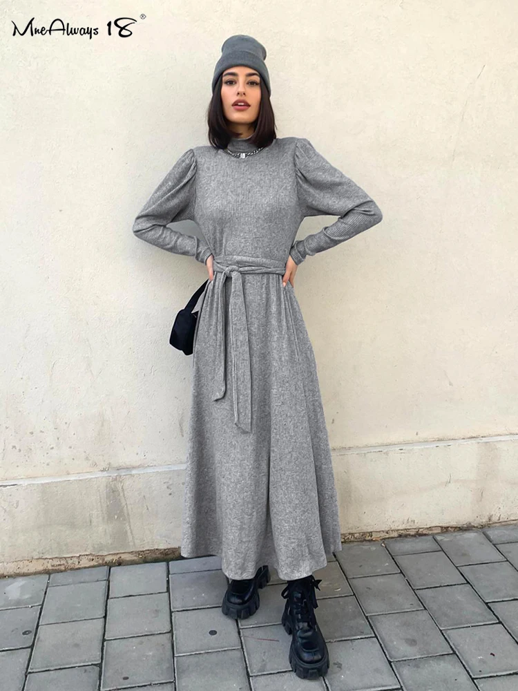 

Mnealways18 Turtlenecks Ribbed Knitted Dress Women Puff Sleeve Lace-Up Gray Dress Office Ladies Elegant Knit Dress Autumn Winter